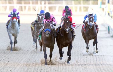 Omaha Beach (right forefront) edges Game Winner in the second division of the Rebel Stakes (photo via Oaklawn Park).